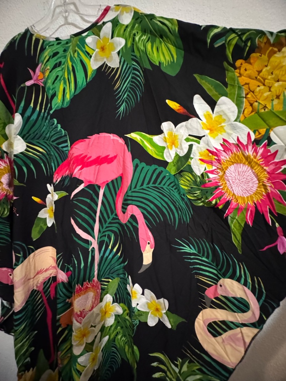 Kaftan Tropical Flamingo Black Maxi Dress V-Neck Diamond Weave Detail One Size - Picture 7 of 10